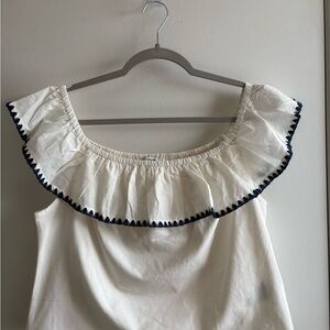 J. Crew White Boho Blouse with Navy Trim sz XL can be worn off shoulder NWOT